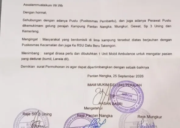 Imem Mukim Gelung Perajah Kecamatan Linge Kirim Surat permohonan bantuan mobil ambulans Postu PantanNangka.